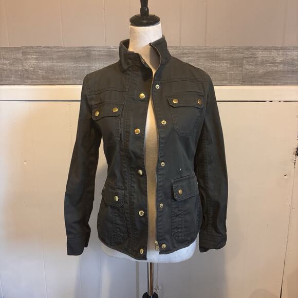 J Crew Jacket Women XS Green Full Zip Cargo Pocket Field Coated Utility - Picture 1 of 9